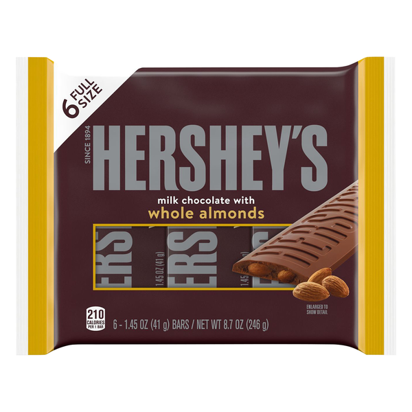 Hershey's Milk Chocolate Candy Bars with Whole Almonds Full Size - 6 ct