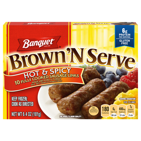 Banquet Brown 'N Serve Hot & Spicy Breakfast Sausage Links - 10 ct Frozen