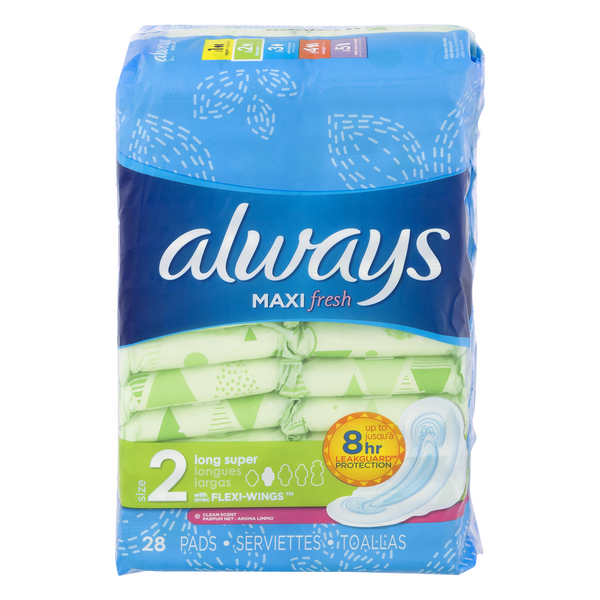 Always Maxi Fresh Size 2 Clean Scent Long Super Pads with Wings
