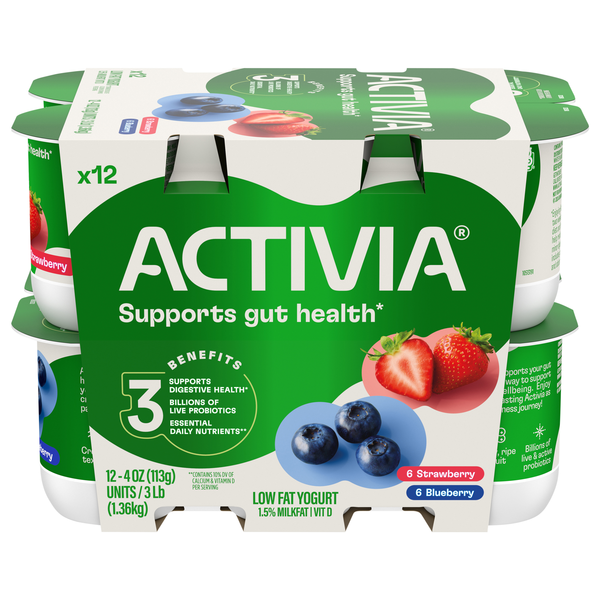Activia Low Fat Strawberry & Blueberry Probiotic Yogurt Cups - 12 ct