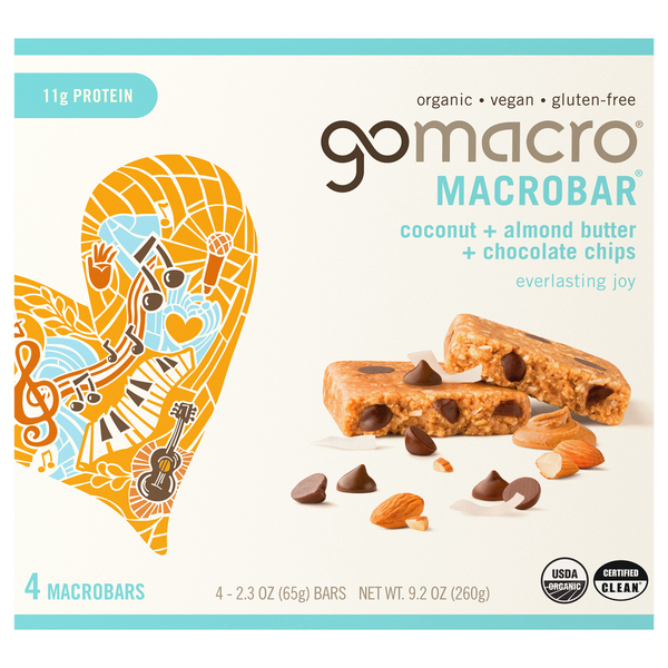 GoMacro Organic Coconut Almond Butter Choc Chips 11g Protein MacroBar 4 ct