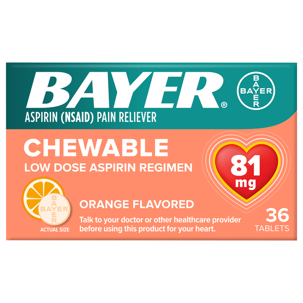 Bayer Low Dose Aspirin Regimen Pain Relief 81 mg Orange Chewable Tablets