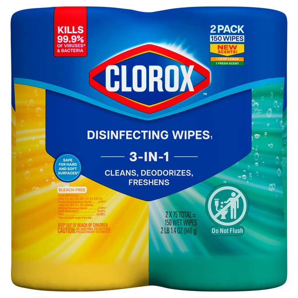 Clorox Crisp Lemon & Fresh Scent Disinfecting Wipes 75 ct ea - 2 pk
