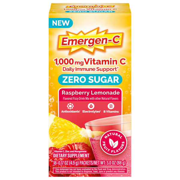 Emergen-C Zero Sugar Raspberry Lemonade Fizzy Drink Mix - 18 ct