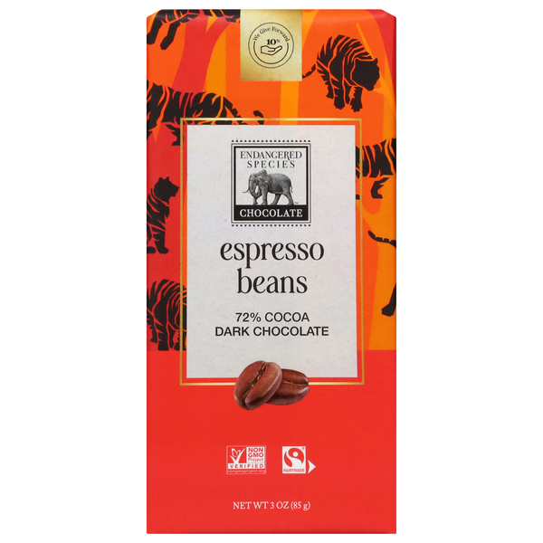 Endangered Species Espresso Beans Dark Chocolate Candy Bar 72% Cocoa