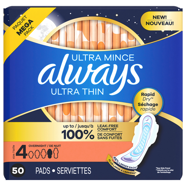 Always Ultra Thin Size 4 Unscented Overnight Pads with Wings