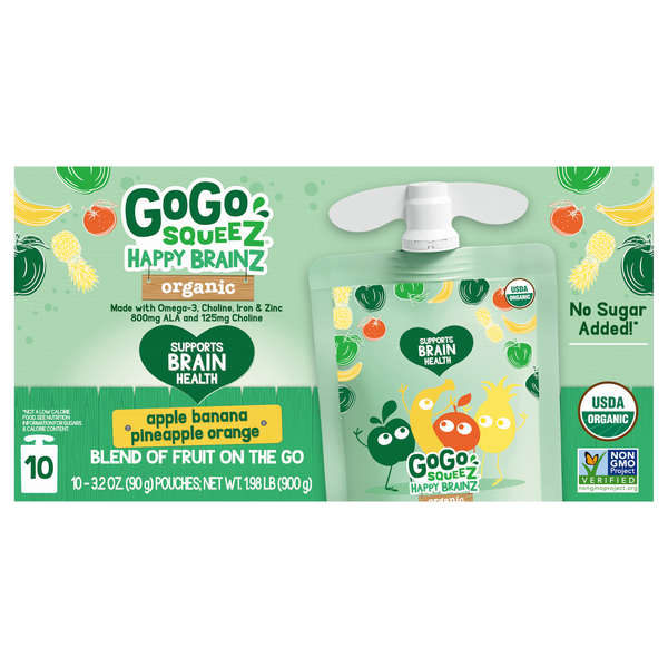 GoGo squeeZ Happy BrainZ Apple Banana Pineapple Orange Fruit Blend - 10 ct