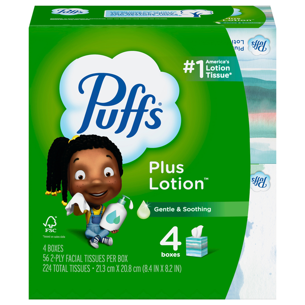 Puffs Plus Lotion 2-Ply Facial Tissue Cube Box 56 ct ea - 4 pk