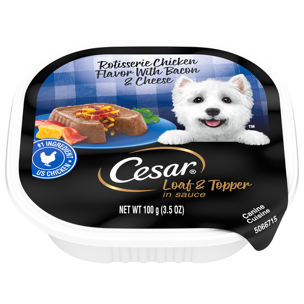 Save on Cesar Loaf & Topper in Sauce Wet Dog Food Rotisserie Chicken
