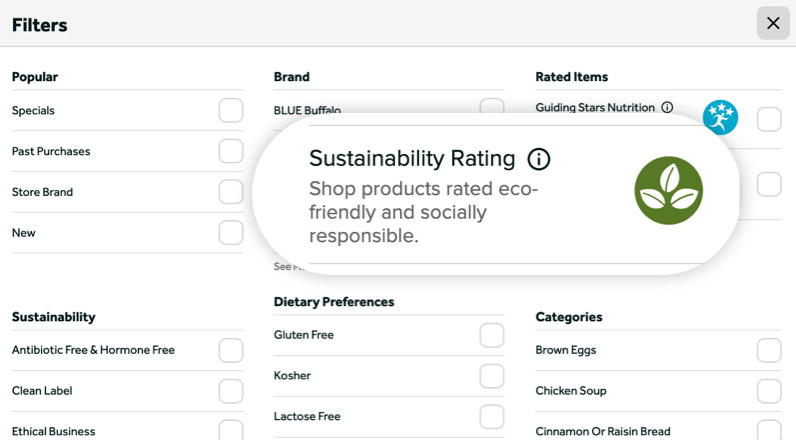 Screenshot from website showing option to choose sustainability rating in filters