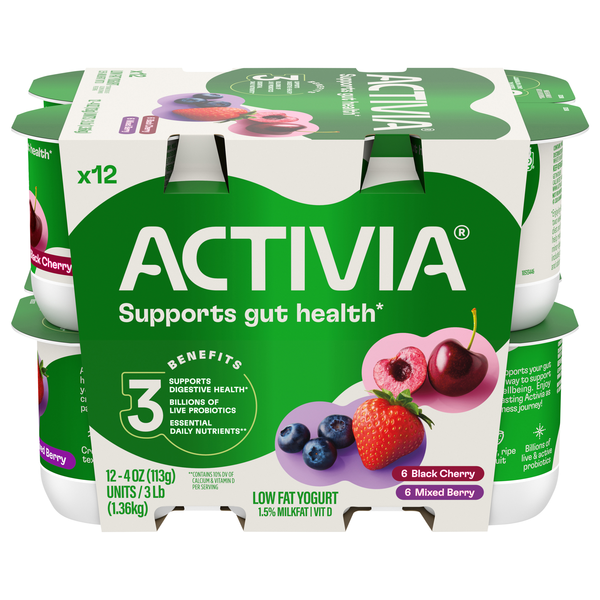 Activia Low Fat Black Cherry & Mixed Berry Probiotic Yogurt Cups - 12 ct