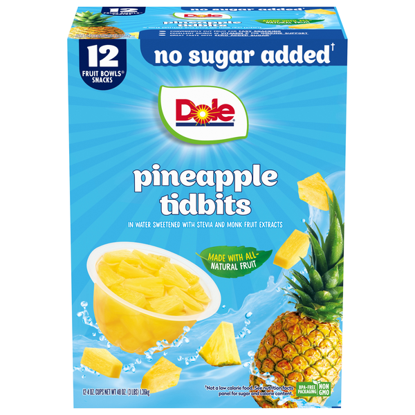 Dole No Sugar Added Pineapple Tidbits Fruit Cups with Stevia - 12 ct