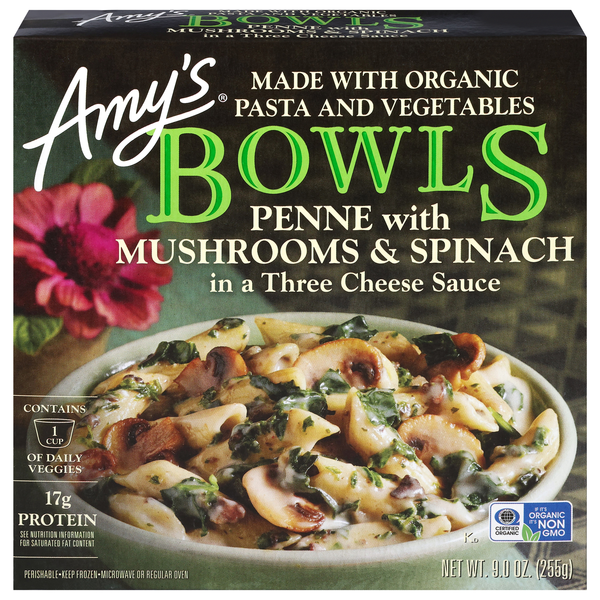 Amy's Bowls Penne with Mushrooms & Spinach in Cheese Sauce Frozen Meal