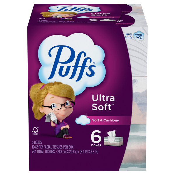 Puffs Ultra Soft 2-Ply Facial Tissue Flat Box 124 ct ea - 6 pk