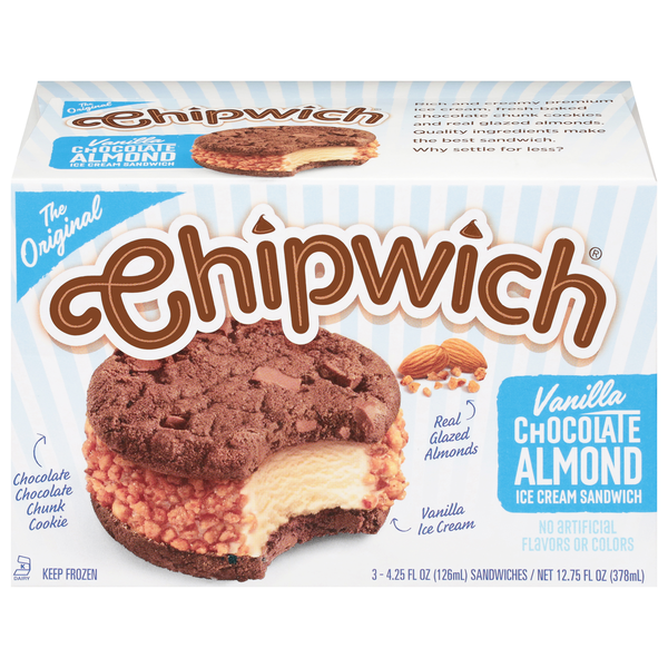 Chipwich Vanilla Chocolate Almond Ice Cream Sandwiches - 3 ct Frozen