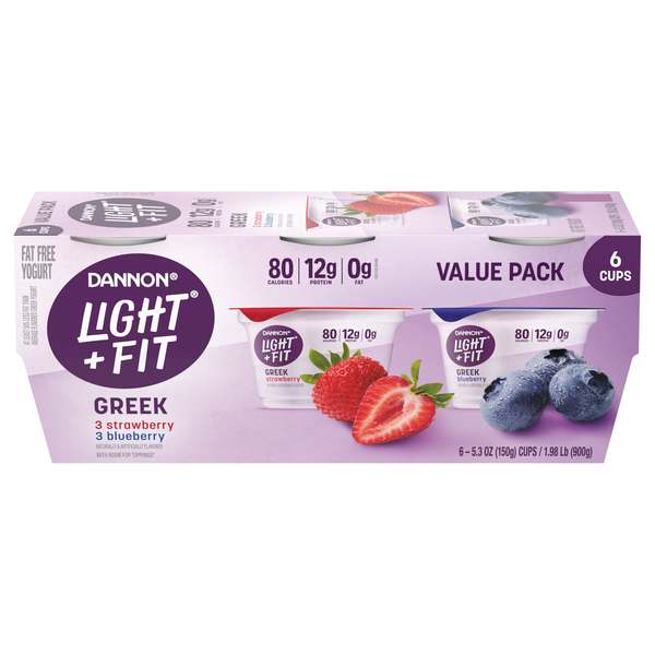 Dannon Light + Fit Fat Free Strawberry & Blueberry Greek Yogurt Cups - 6ct