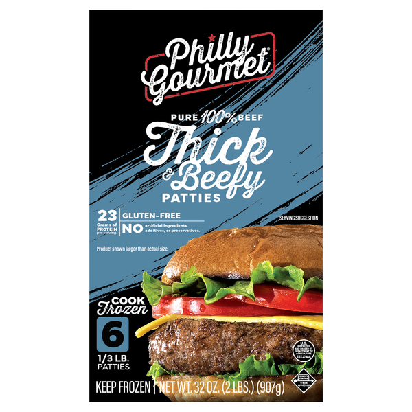 Philly Gourmet 1/3 lb Pure Thick & Beefy Patties - 6 ct Frozen