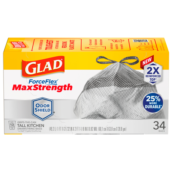 Glad ForceFlex MaxStrength Odor Shield Tall Kitchen Drawstring Bags 13 Gal