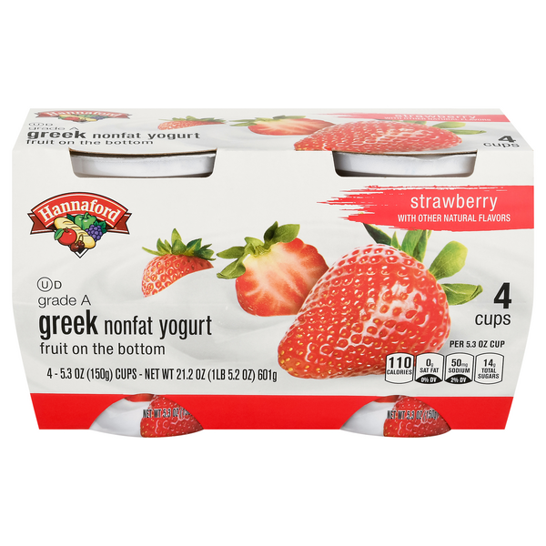 Hannaford Non Fat Strawberry Fruit on the Bottom Greek Yogurt - 4 ct
