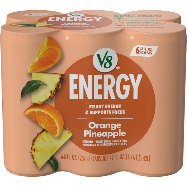 V8 Plus Orange Pineapple Flavored Sparkling Energy Drink - 6 pk