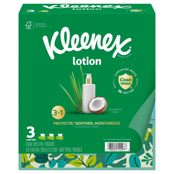 Kleenex Lotion 2-Ply Facial Tissue Flat Box 120 ct ea - 3 pk