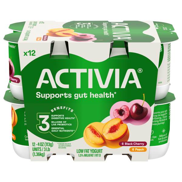 Activia Low Fat Black Cherry & Peach Probiotic Yogurt Cups - 12 ct