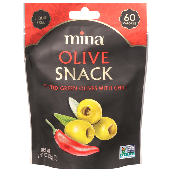 Mina Liquid Free Pitted Green Olives Snack with Chili