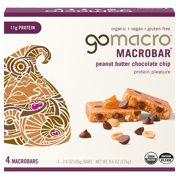 GoMacro Organic Peanut Butter Choc Chip 11g Protein MacroBars - 4 ct