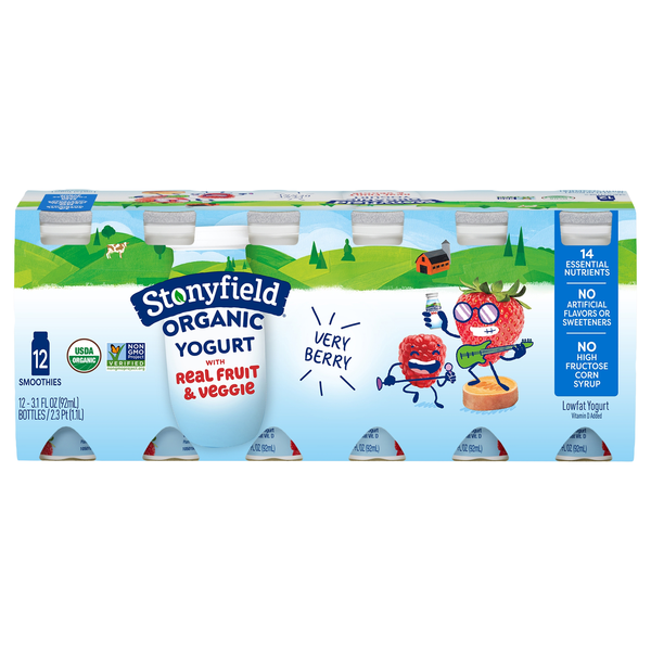 Stonyfield Organic Kids Low Fat Very Berry Yogurt Smoothies - 12 ct