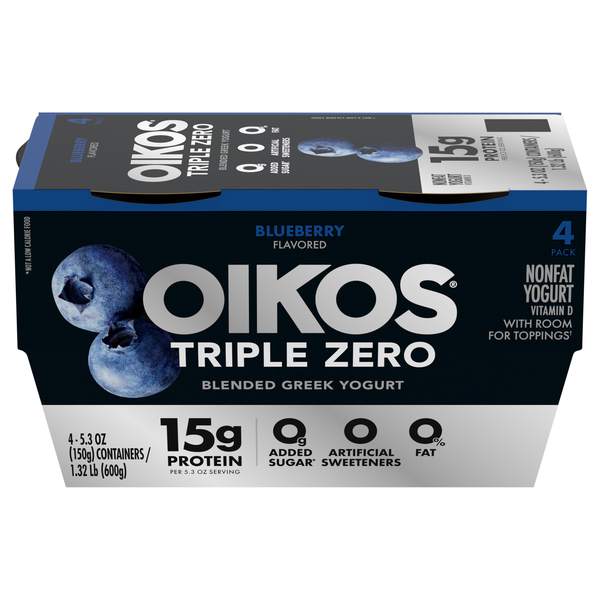 Oikos Triple Zero Blueberry Flavored Blended Greek Yogurt Cups -4 ct