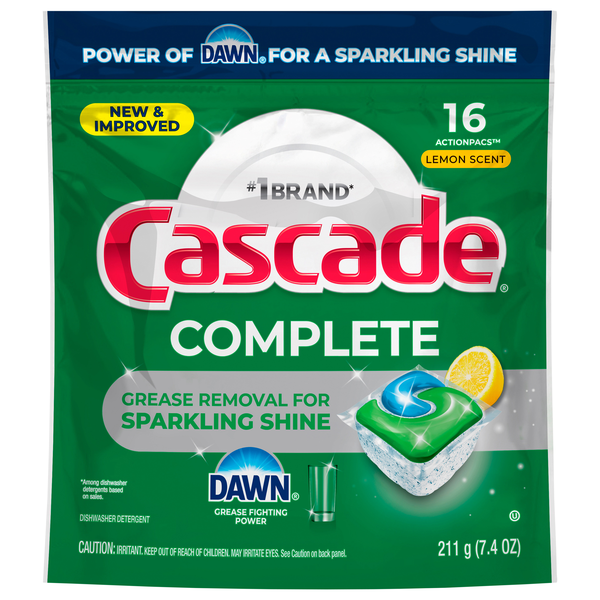 Cascade Complete Lemon Scent Dishwasher Detergent ActionPacs - 16 ct