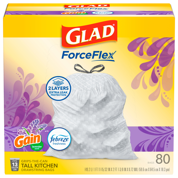 Glad ForceFlex Gain Lavender Tall Kitchen Drawstring Bags 13 Gallon