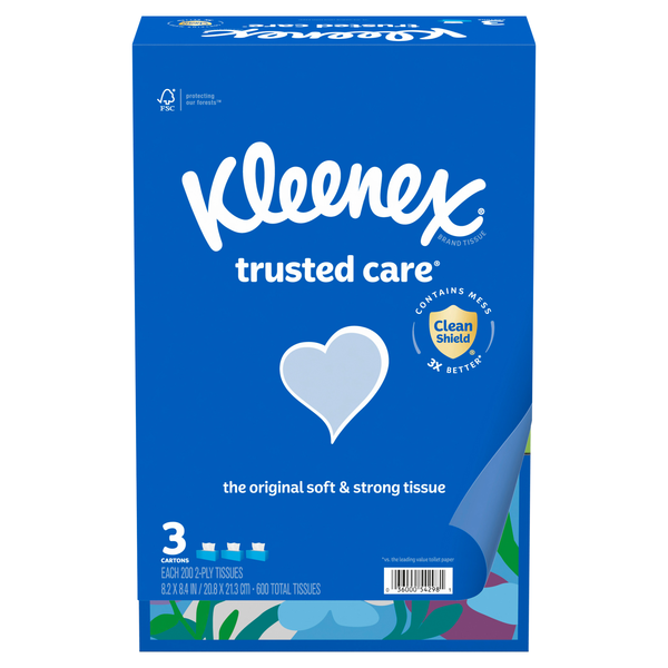 Kleenex Trusted Care 2-Ply Facial Tissue Flat Box 200 ct ea - 3 pk