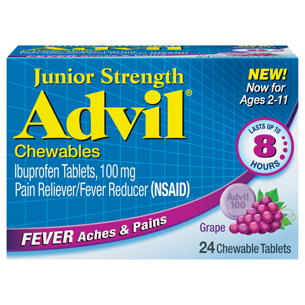 Advil Junior Strength Fever Pains Reliever Grape Ibuprofen Chew Tablets