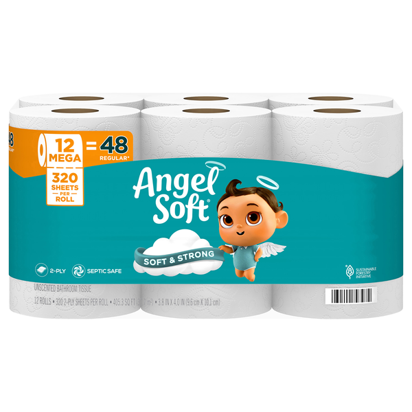 Angel Soft Mega Roll 2-Ply Toilet Paper Unscented - 12 ct