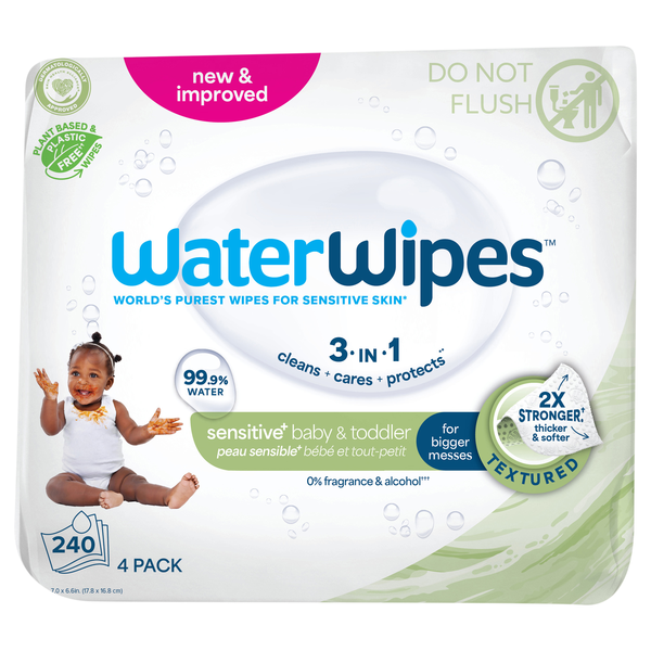 WaterWipes Sensitive+ 99.9% Water Based Textured Baby & Toddler Wipes 4 pk