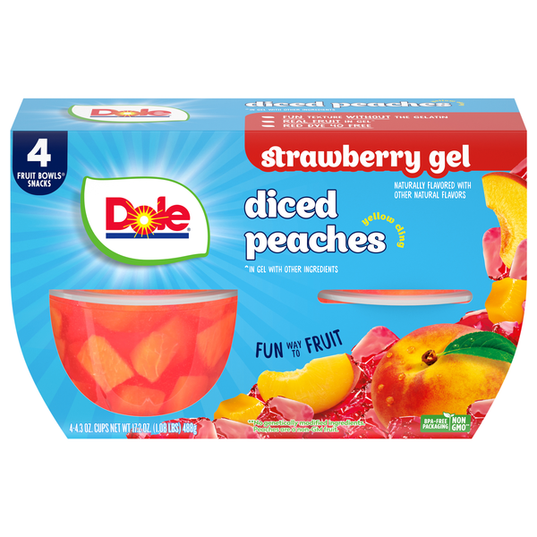 Dole Diced Peaches Fruit Cups in Strawberry Gel - 4 ct