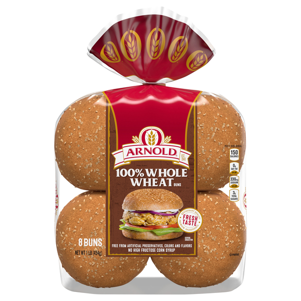 Arnold 100% Whole Wheat Hamburger Buns Sliced - 8 ct