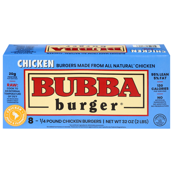 Bubba Burger 95% Lean 5% Fat 1/4 lb Chicken Burgers - 8 ct Frozen