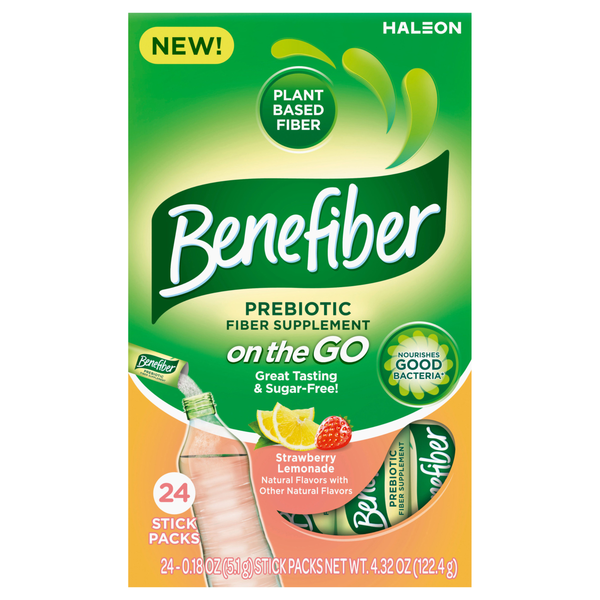 Benefiber On the Go Prebiotic Fiber Strawberry Lemon Powder Sticks - 24 ct
