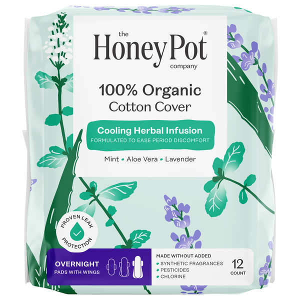 The Honey Pot Organic Mint Lavender Aloe Overnight Menstrual Pads w/Wings