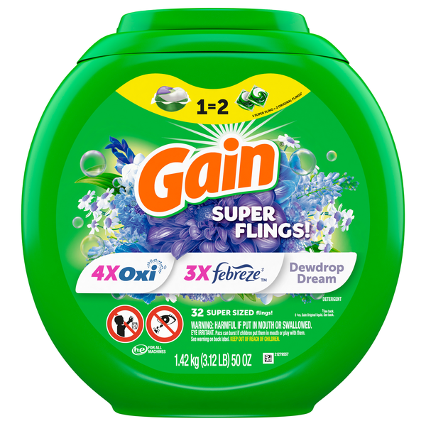 Gain Relax Dewdrop Dream Flings Detergent Pacs - 32 ct