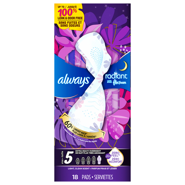 Always Radiant Size 5 Light Clean Scent Extra Heavy Overnight Pads w/Wings