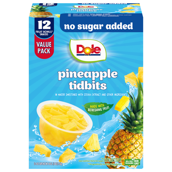 Dole No Sugar Added Pineapple Tidbits Fruit Cups with Stevia - 12 ct