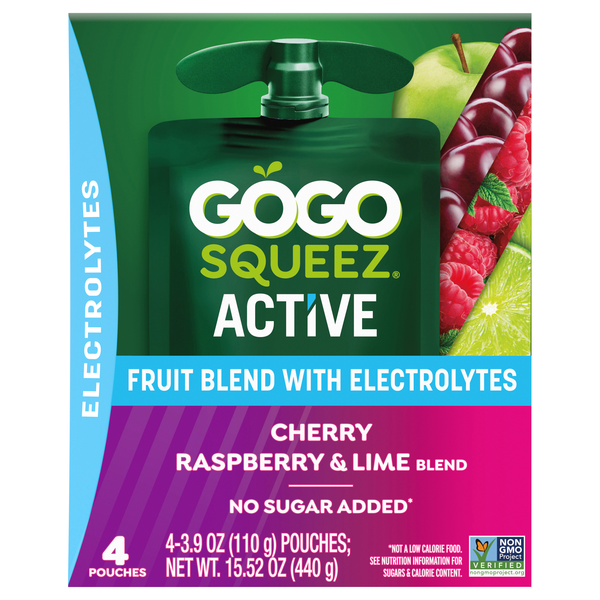 GoGo squeeZ Active Blueberry Cherry Raspberry & Lime Pouches - 4 ct