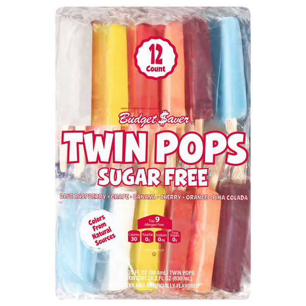 Budget Saver Twin Pops Sugar Free Assorted Flavors Ice Pops - 12 ct
