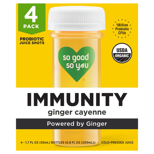 So Good So You Organic Immunity Ginger Cayenne Probiotic Juice Shot - 4 pk