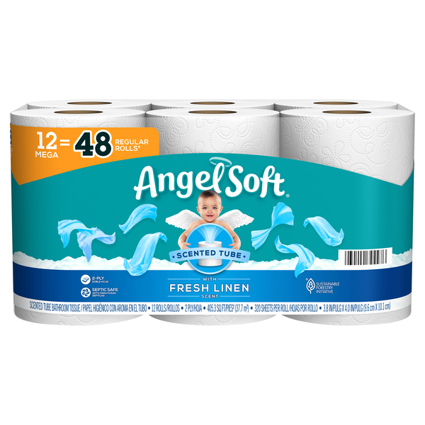Angel Soft Mega Roll 2-Ply Toilet Paper Fresh Linen Scented Tube - 12 ct