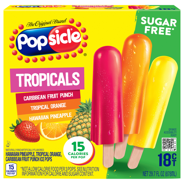 Popsicle Sugar Free Tropicals Assorted Fruit Ice Pops - 18 ct