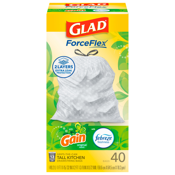 Glad ForceFlex Gain Original Tall Kitchen Drawstring Bags 13 Gallon